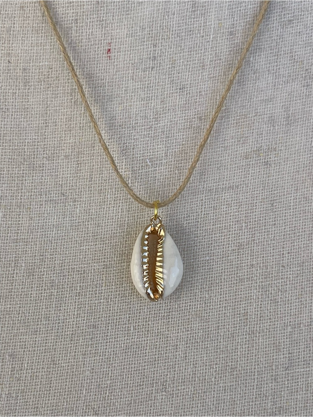 Cowrie Shell Necklace on Tan Cotton Twine Gold Tone Accents Handmade